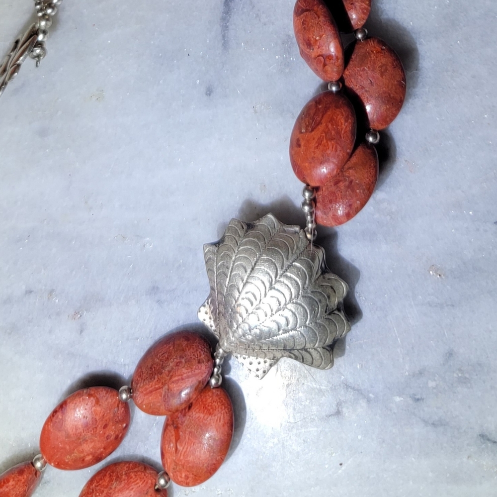 Artisan Necklace Genuine Coral Sterling 925 20" Fish Shell Coastal Beach - Picture 5 of 7